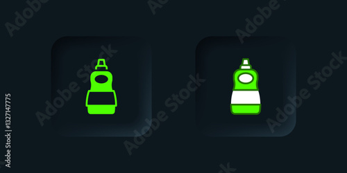 Green Dishwashing liquid bottle icon isolated on black background. Liquid detergent for washing dishes. Black square button. Vector
