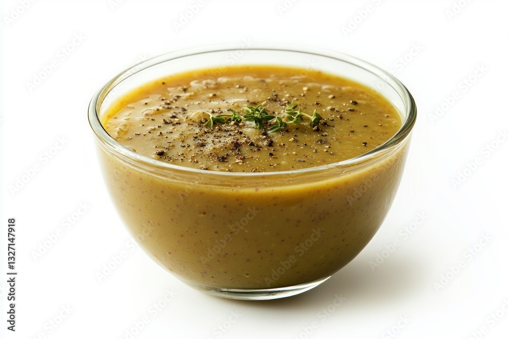 Rustic Creamy Soup with Thyme and Pepper in Glass Bowl Food Photography on White Background Culinary Still Life Rustic Creamy Soup with Thyme and Pepper in Glass Bowl Food Photography on White Background Culinary Still Life