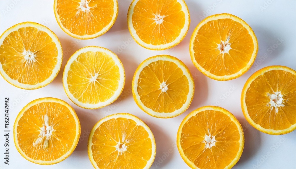 Top View Flat Lay of Fresh Orange Slices Isolated on White Background Top View Flat Lay of Fresh Orange Slices Isolated on White Background