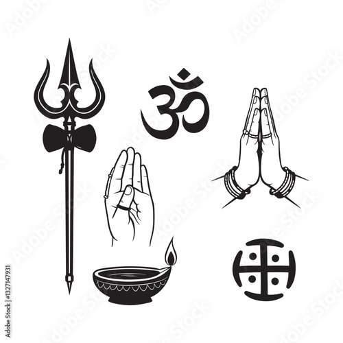 hindu religious and spiritual symbol vector icon set  om trishul diya fleur de lis namaste design illustrations