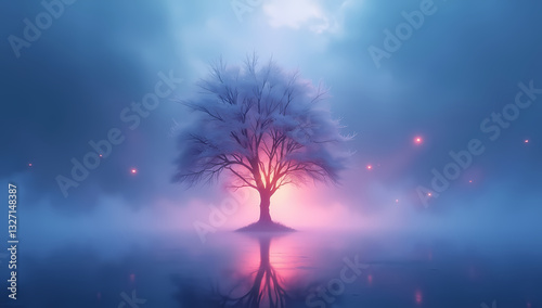 Mystical Tree Illuminated at Night in Foggy, Serene Landscape - Enchanted, Luminous, Magical Scenery