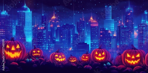 Wallpaper Mural Illuminated pumpkins sit before a futuristic city skyline at night Torontodigital.ca