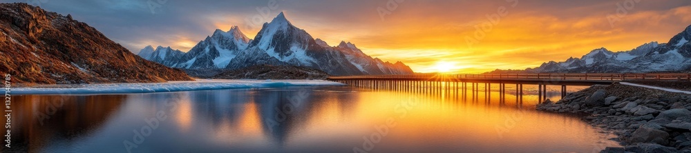 Fototapeta premium Breathtaking sunset over a snow-capped mountain range with a bridge in the foreground. Generative AI