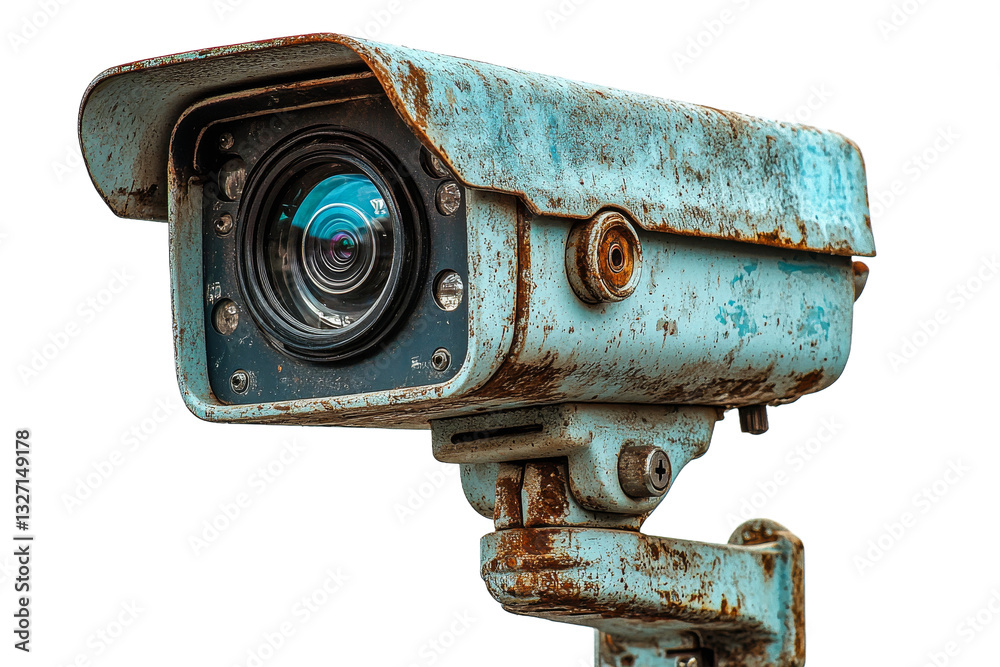 Rusty old blue security camera on clear background