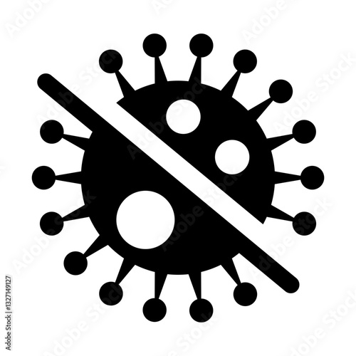 anti-virus icon with a slash through a virus shape, symbolizing protection hygiene and disease prevention.