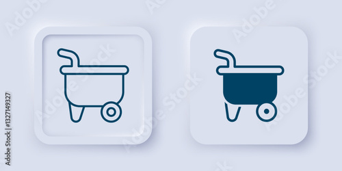 Filled and outline Wheelbarrow icon isolated on grey background. Tool equipment. Agriculture cart wheel farm. Square button. Vector