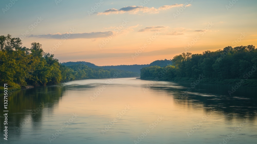 Fototapeta premium Serene Sunset over the River: A Tranquil Landscape