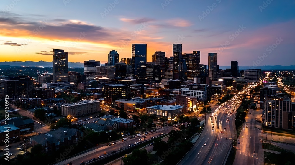 Fototapeta premium Stunning sunset view of a bustling city skyline with vibrant lights in the evening : Generative AI