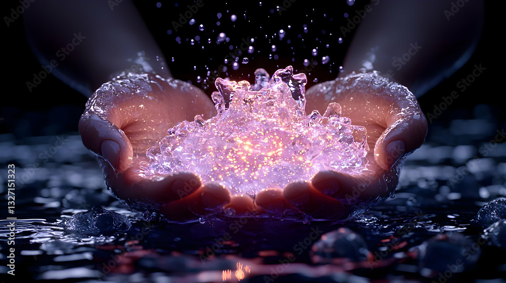Fototapeta premium Hands Holding Magical Water with Sparkling Light Reflections