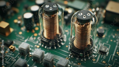 Electronic components including electromagnetic relays and glass electric fuses set on a green surface Closeup of two electromechanical switches with copper wire on a coil featuring an