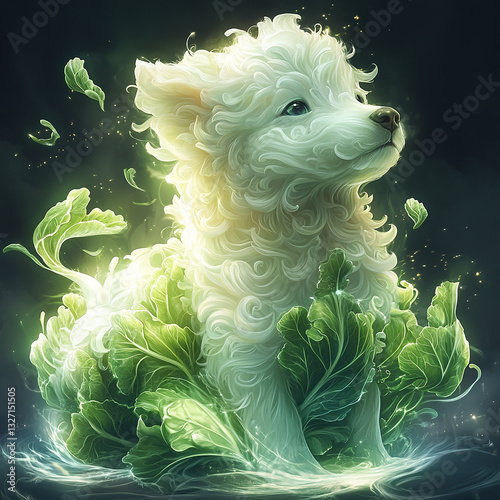 An adorable Napa cabbage dog hybrid, with a leafy tail and a wagging tongue, designed in chibi style, high-resolution PNG