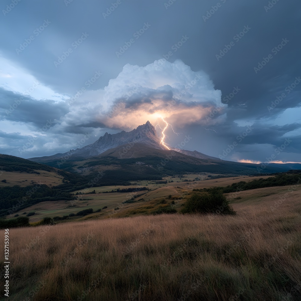 Fototapeta premium Lightning strikes mountain peak, dramatic sunset, valley landscape, nature photography