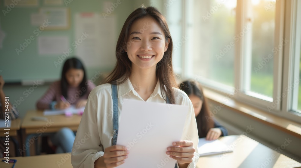 An Asian woman smiling joyfully while holding her exam paper with a high grade in a bright classroom, sunlight streaming through the window. An Asian woman smiling joyfully while holding her exam paper with a high grade in a bright classroom, sunlight streaming through the window.
