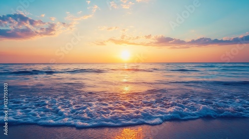 Stunning scenic view of the ocean at sunset with vibrant colors and gentle waves reflecting the golden light : Generative AI photo