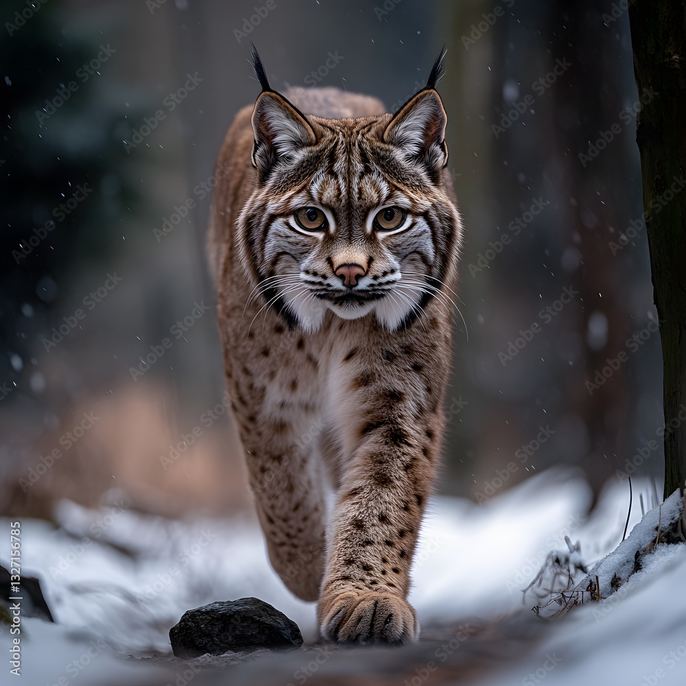 Fototapeta premium Lynx stalking snowy forest path, winter wildlife