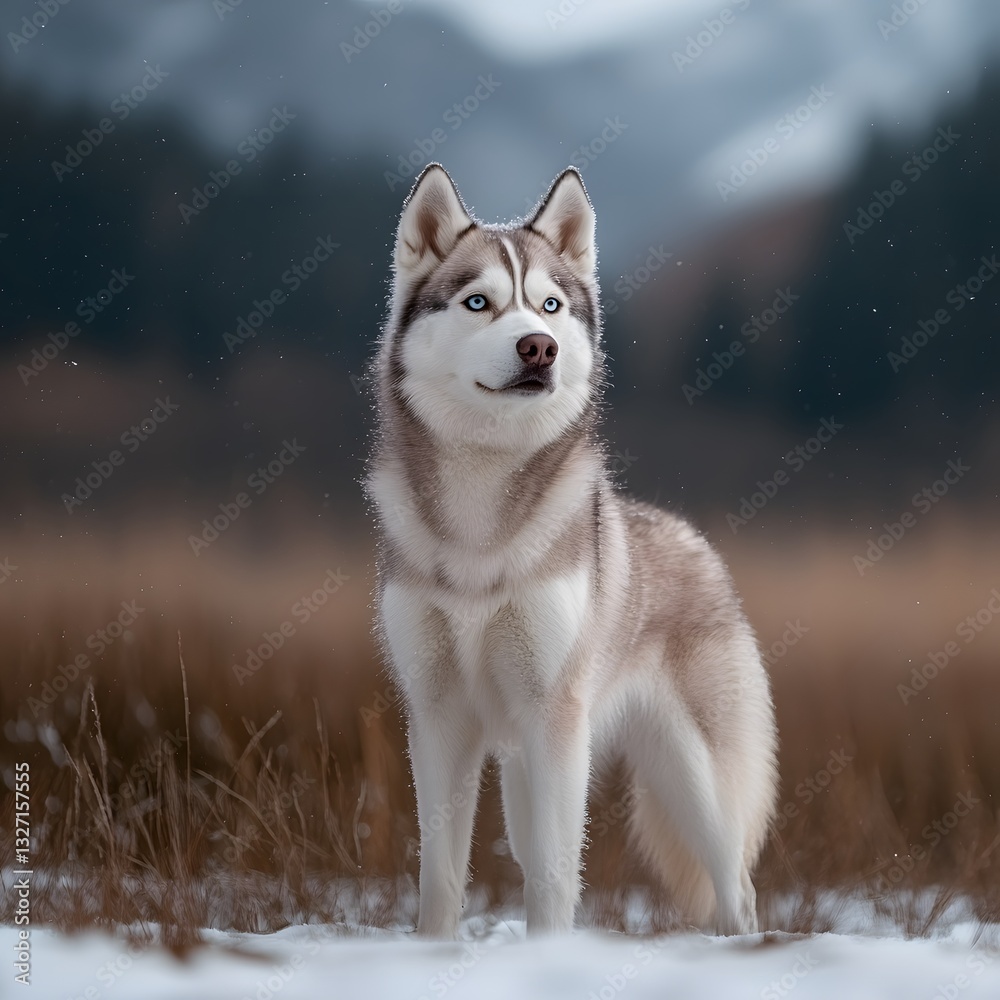 Majestic husky standing winter field, mountains background, pet portrait Majestic husky standing winter field, mountains background, pet portrait