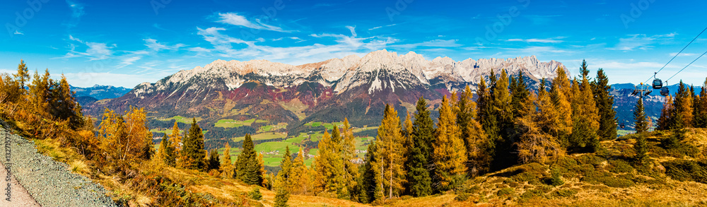 Obraz premium High resolution stitched alpine autumn or indian summer panorama at Mount Hartkaiser, Ellmau, Kufstein, Tyrol, Austria