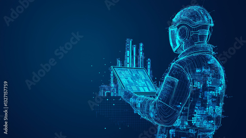 The Blueprint of Progress: A digitized construction worker, immersed in a digital cityscape, utilizes a laptop to orchestrate the future of urban development. A fusion of technology and construction.