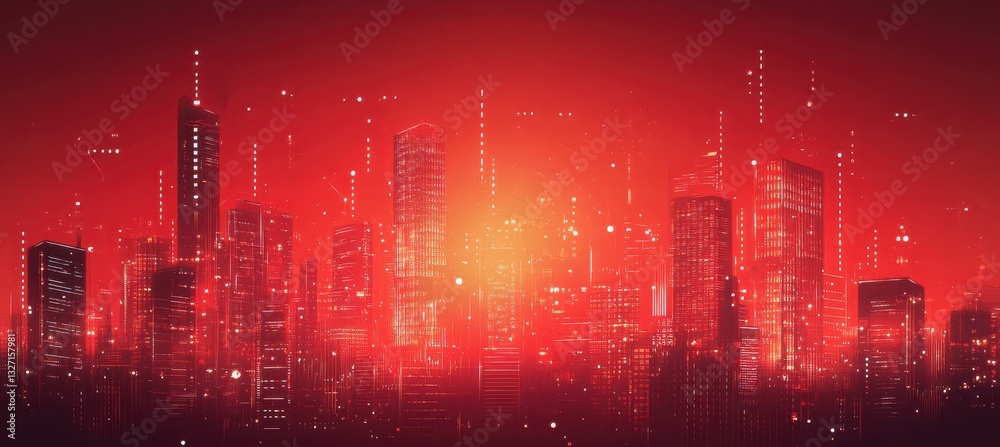 Fototapeta premium Red cityscape at sunset with skyscrapers