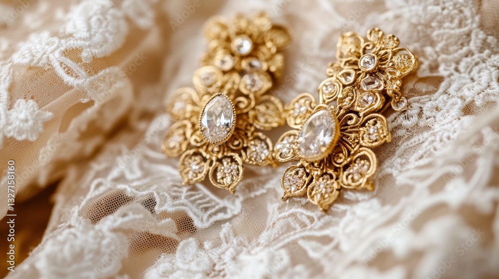 A close-up of antique diamond filigree earrings placed on a lace fabric A close-up of antique diamond filigree earrings placed on a lace fabric