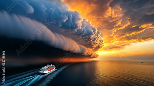 big cargo ship look small when sailing under thick black storm cloud in ocean 