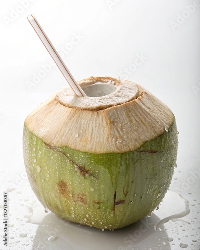 Refreshing Young Green Coconut with Straw Tropical Drink Summer Beverage