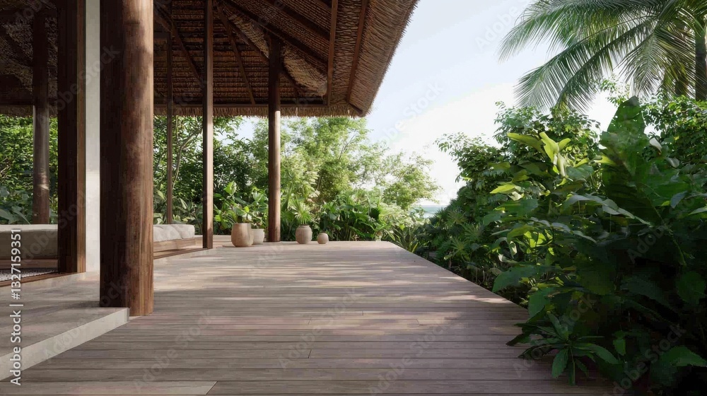 A serene wooden deck surrounded by lush greenery, blending nature and architecture in a tranquil setting.