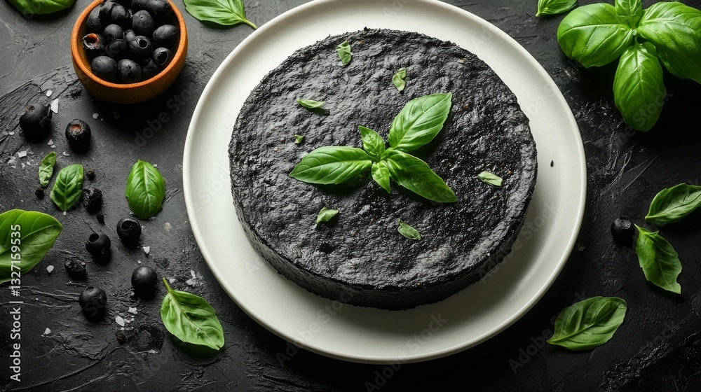 Charred Neapolitan-Style Pizza Crust with Basil Leaves on a Clean White Plate. Generative AI Charred Neapolitan-Style Pizza Crust with Basil Leaves on a Clean White Plate. Generative AI