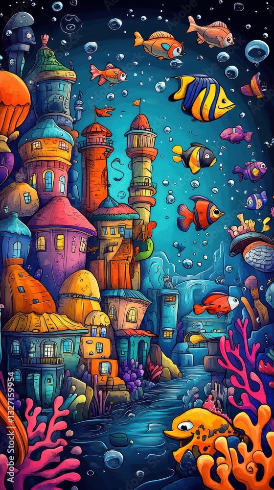 Obraz premium A colorful underwater city with various swimming fish around it