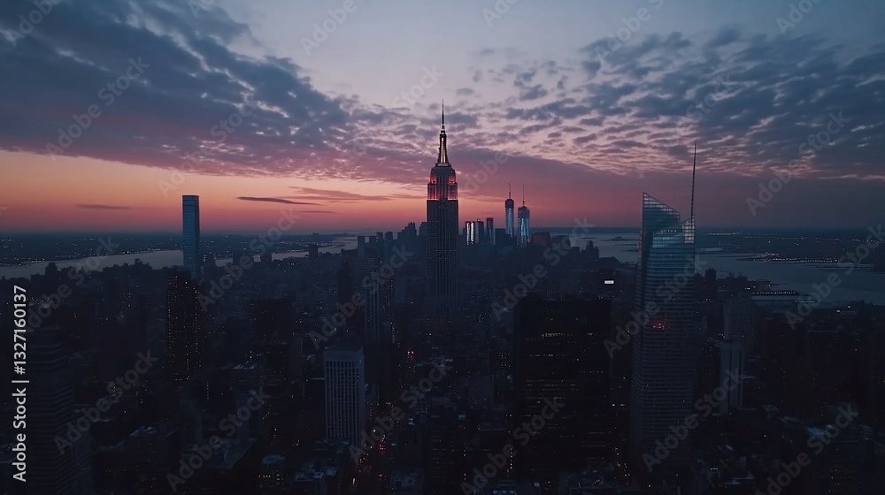 Naklejka premium Aerial Manhattan sunrise, cityscape, twilight, cloudscape, river