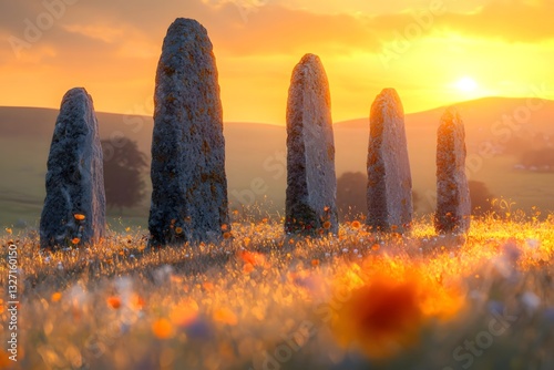Moss covered ancient stones and wildflowers