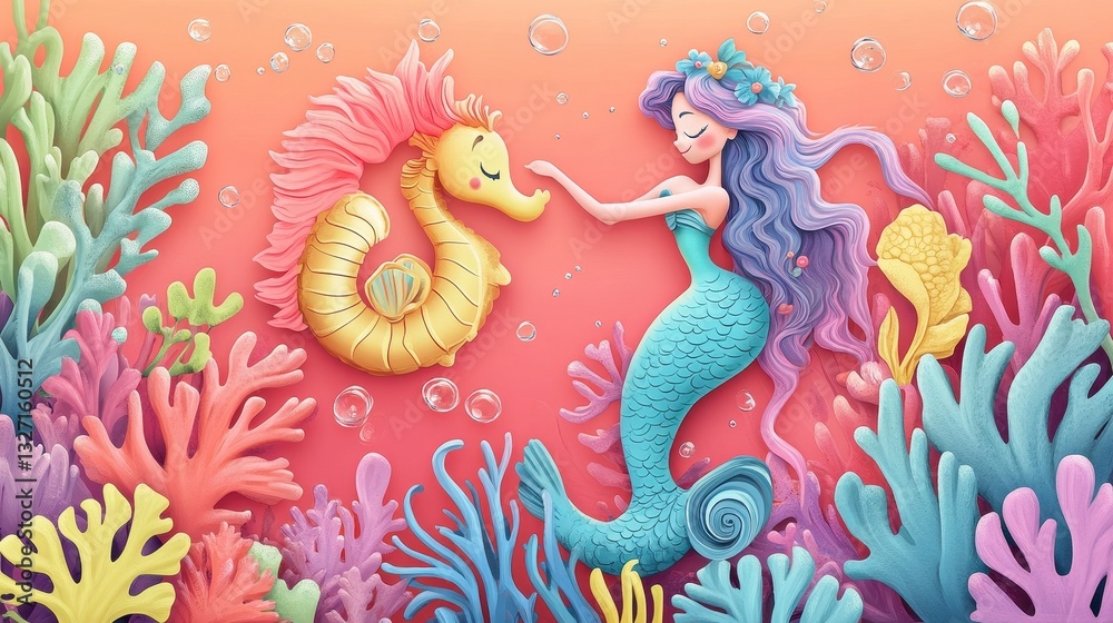 A mermaid with a seahorse enjoying a colourful ocean scene A mermaid with a seahorse enjoying a colourful ocean scene