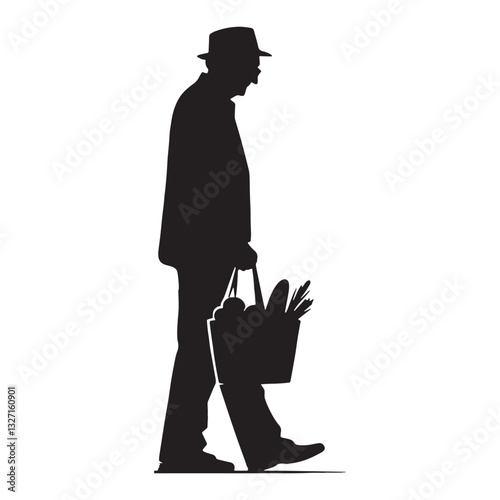 Determined Oldman Carrying Groceries silhouette, continuing his journey - Oldman illustration - Minimalist Oldman vector - Oldman silhouette
