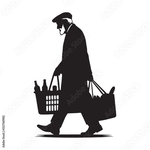 Resilient Oldman Carrying Groceries silhouette, embracing each day - Oldman illustration - Minimalist Oldman vector - Oldman silhouette
