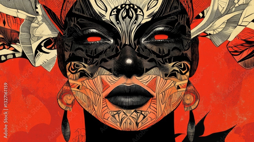 Naklejka premium Intricate Tribal Mask Artwork Featuring Bold Colors and Abstract Designs