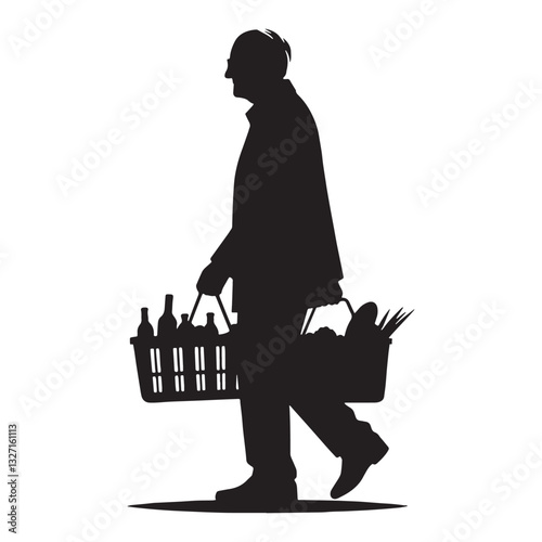 Quiet Strength Oldman Carrying Groceries silhouette, a sign of perseverance - Oldman illustration - Minimalist Oldman vector - Oldman silhouette
