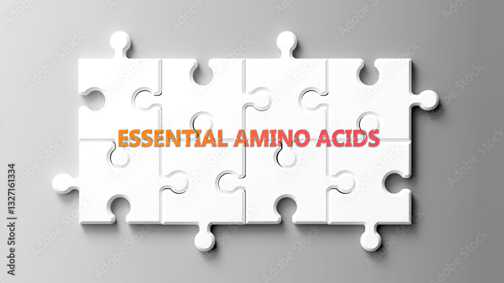 Αυτοκόλλητο Essential Amino Acids complex like a puzzle - pictured as word essential amino acids on a puzzle pieces to show its complexity