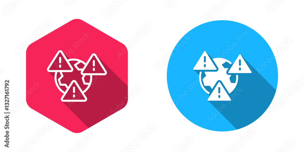 Filled and outline Planet earth symbol with exclamation mark icon isolated with long shadow background. Global earth, Exclamation mark danger. Vector Filled and outline Planet earth symbol with exclamation mark icon isolated with long shadow background. Global earth, Exclamation mark danger. Vector
