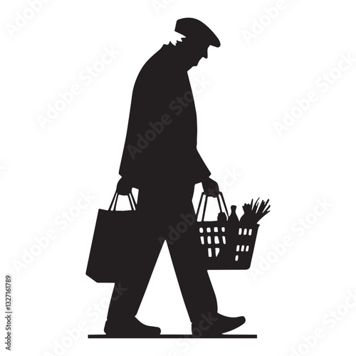 Tireless Oldman Carrying Groceries silhouette, moving through the years - Oldman illustration - Minimalist Oldman vector - Oldman silhouette
