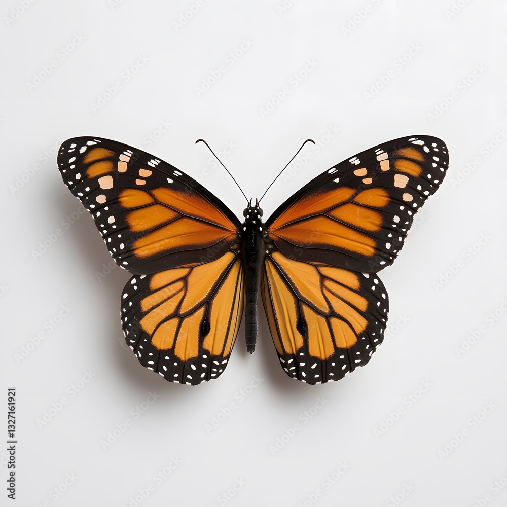 Fototapeta premium Monarch butterfly wings spread, white background, studio shot, nature design