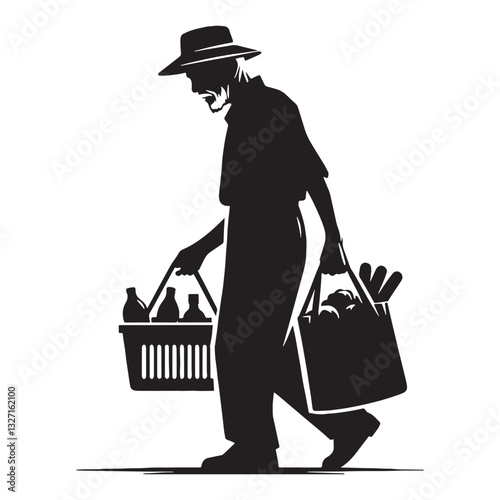 Hardworking Oldman Carrying Groceries silhouette, embracing everyday tasks - Oldman illustration - Minimalist Oldman vector - Oldman silhouette
