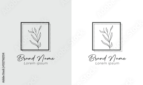 Elegant Botanical Logo Design with Square Frame and Leaf Illustration