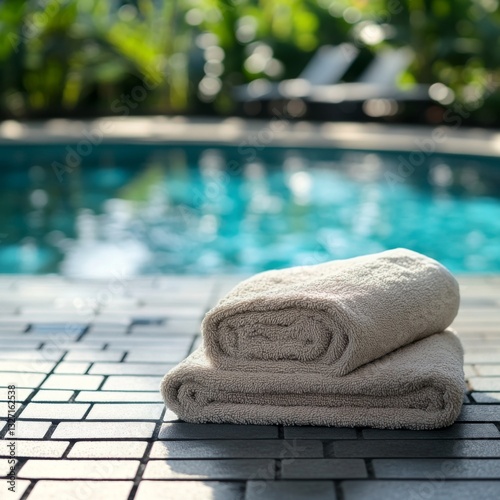 Luxurious poolside tranquility with fresh towels and sunny tropical vibes