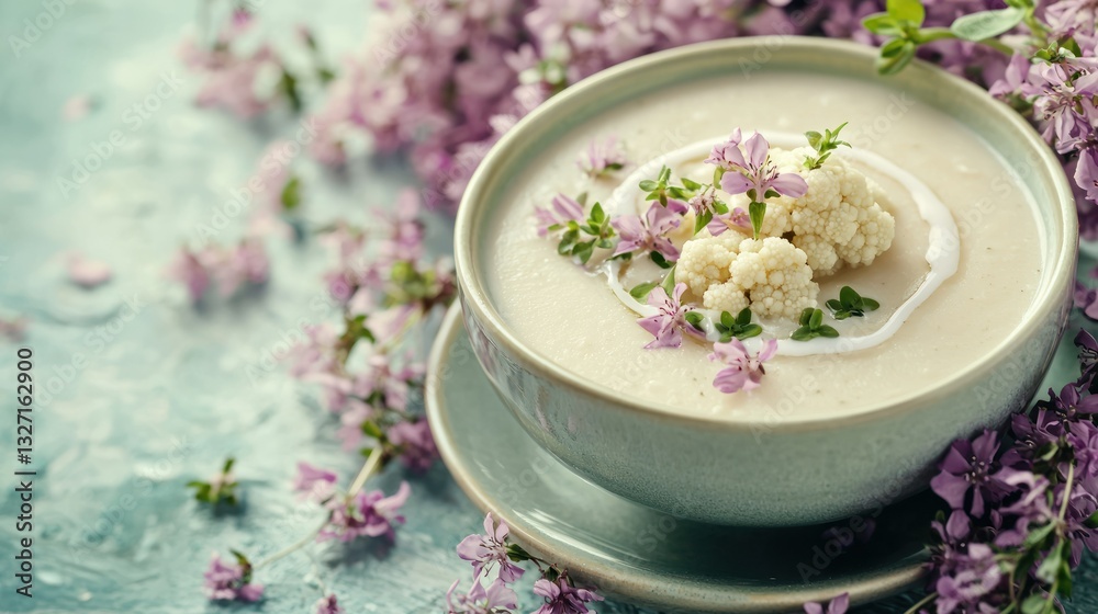 A creamy cauliflower soup served in a bowl, garnished with fresh herbs and a swirl of cream. A creamy cauliflower soup served in a bowl, garnished with fresh herbs and a swirl of cream.