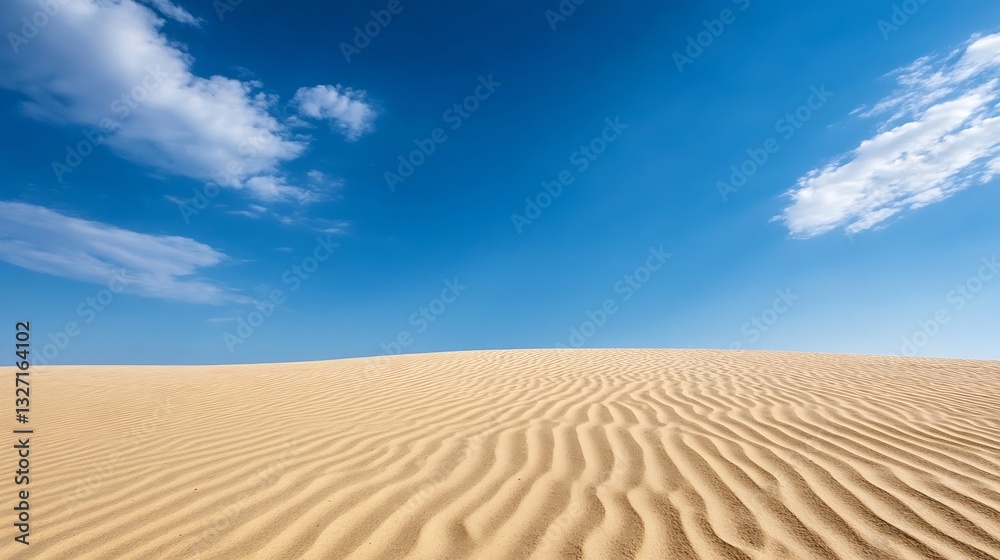 Naklejka premium Expansive desert landscape featuring rippling golden sand dunes under a clear blue sky with clouds : Generative AI