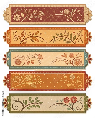 Vintage Floral Banners Autumnal Design Elements Rustic Decorative Labels Fall Themed Bookmarks