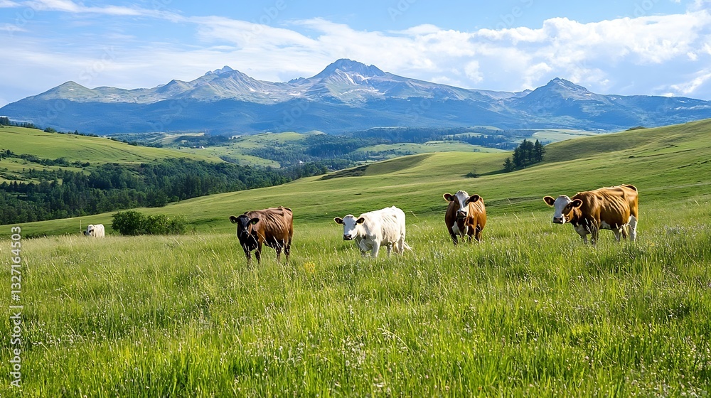 Picturesque scene of cows grazing in lush green fields with mountains in the background under a bright blue sky : Generative AI Picturesque scene of cows grazing in lush green fields with mountains in the background under a bright blue sky : Generative AI