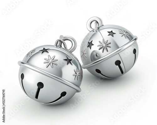 Elegant Silver Jingle Bells with Snowflake and Star Design Christmas Ornament Pair