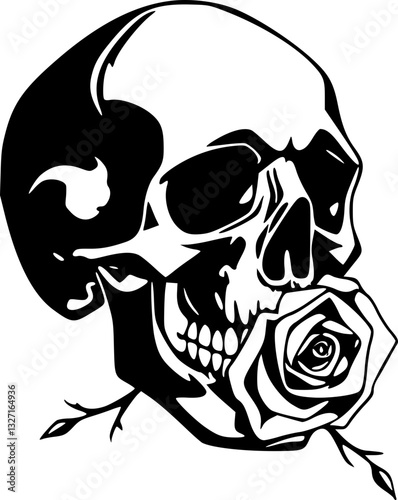 Black and White Skull with Rose Mouth Illustration Art Design Tattoo Gothic Style Monochrome Drawing