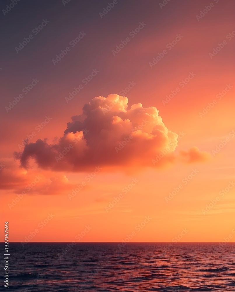 Fluffy cloud in red sky above sea horizon at sunset. Fluffy cloud in red sky above sea horizon at sunset.